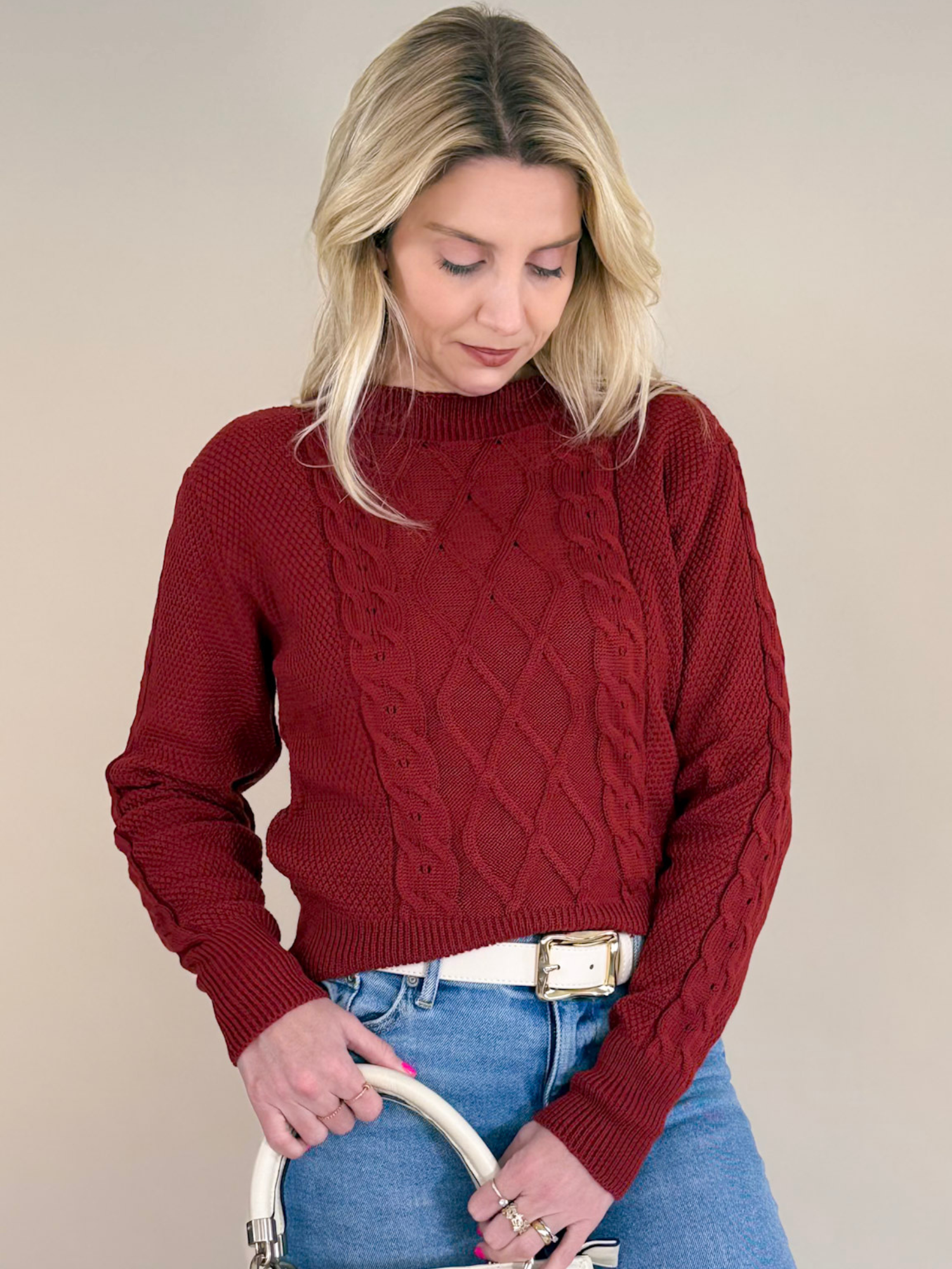 Sweater Bia mujer Tejido manga larga cuello redondo color burdeo